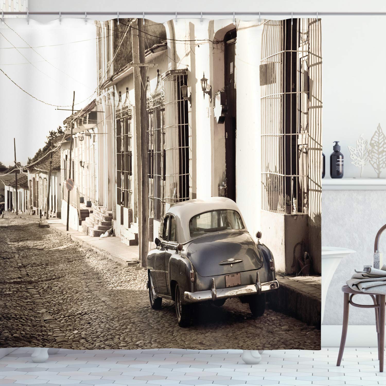 ABAKUHAUS Vintage Car Shower Curtain, Old AmericCar in the Colonial Streets of Trinidad in Cuba Historical Picture, Cloth Fabric Bathroom Decor Set with Hooks, 175 x 200 cm, Beige Taupe — image 1
