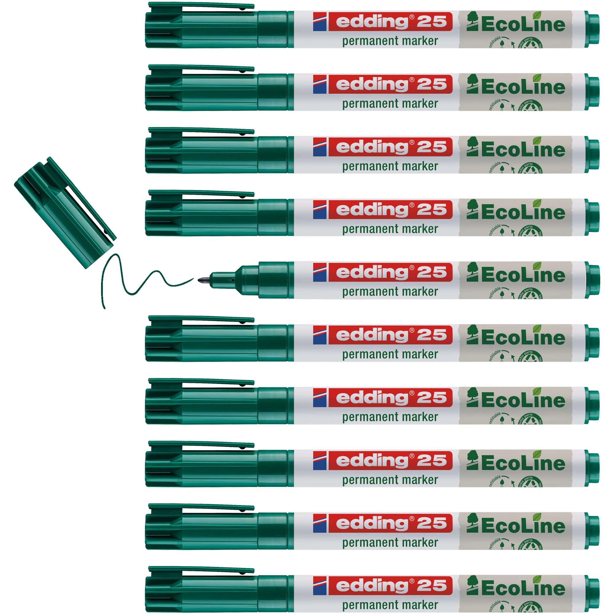 edding 25 Ecoline permanent marker - green - box of 10 - round tip 1 mm - waterproof, quick-drying, smear-proof pens - for cardboard, plastic, glass, wood, metal and fabric - refillable