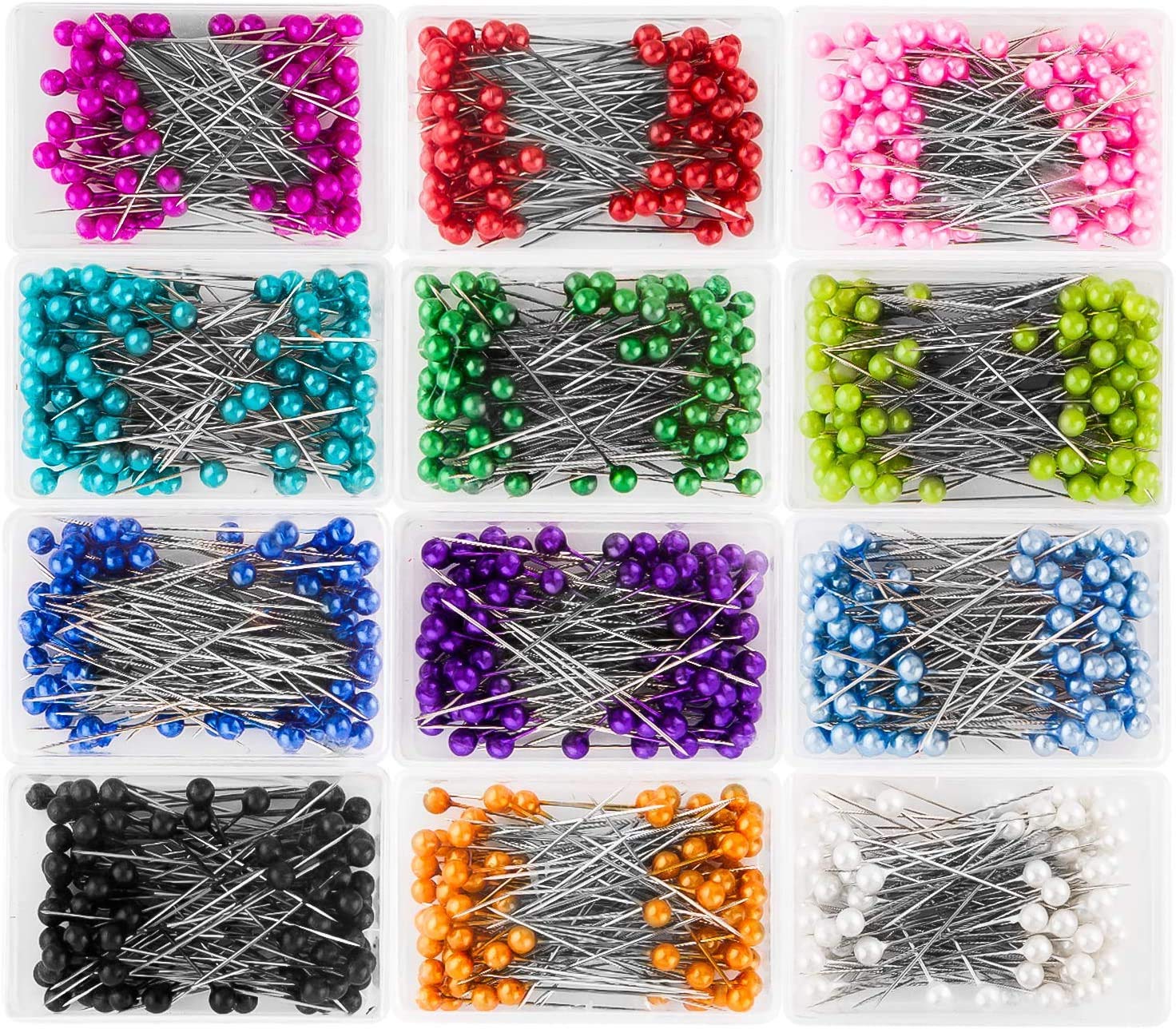 Sewing Pins,Colorful Round Pearl Head Pins 1200pcs for Dressmaker Jewelry Craft Decoration (Long 40mm) Red Black White Orange green blue Multicolor