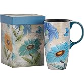 Topadorn Ceramic Coffee Mug Travel Mug with Lid 17oz Latte Mugs with Handle and Matching Color Box, Perfect for Coffee and Tea, Daisy