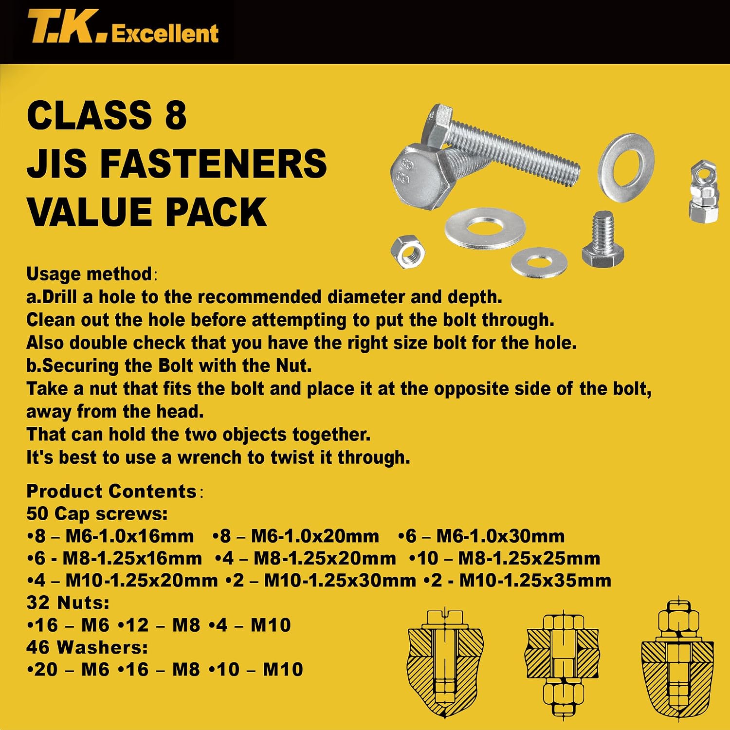 T.K.Excellent Hex Bolts M6 M8 M10 and Hex Nuts and Washers Set Kit,128 Pcs, Silver, 22.5*13*3cm - Image 5