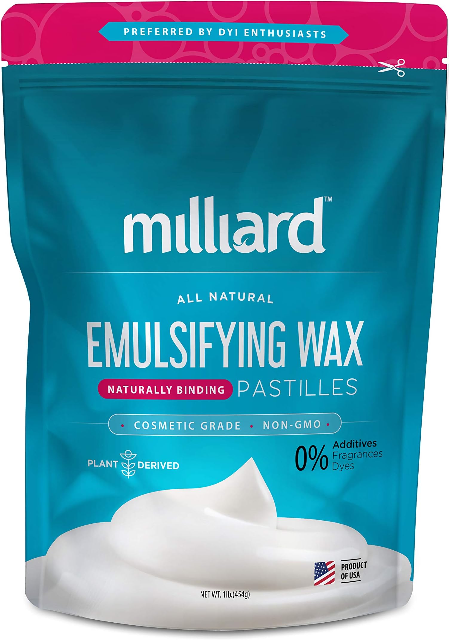 Milliard Non-GMO Emulsifying Wax Pastilles NF –16 OZ. Resealable Freshness Storage Bag