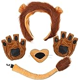 GALPADA 5 Pcs Lion Costume Set: Lion Ears Headband, Paw Gloves, Tail, Nose, Halloween Lion Cosplay Animal Costumes Accessories Brown