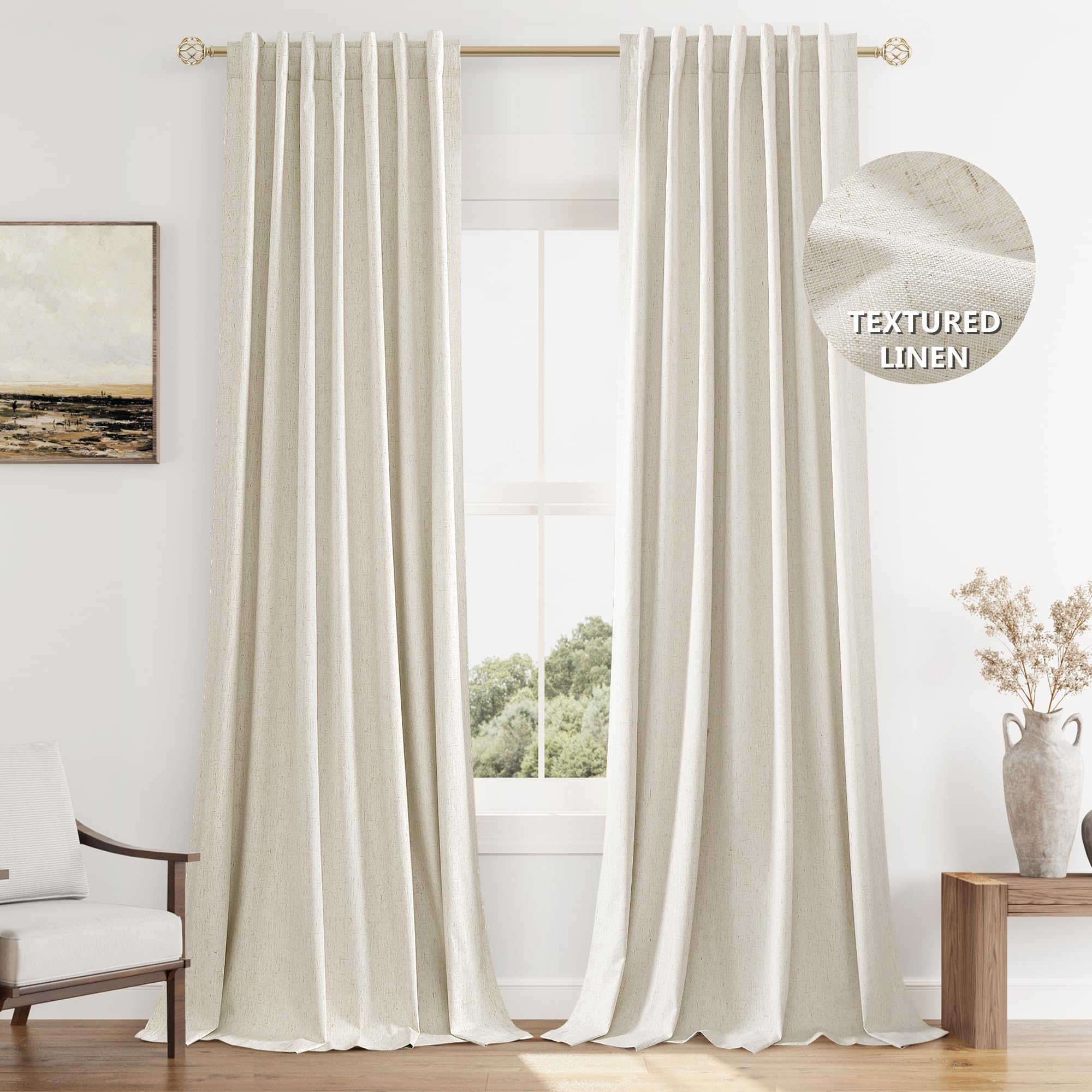 Photo 1 of Guken Beige Cream Linen Blackout Curtains 90 Inch Length 2 Panels Set for Living Room Bedroom Back Tab Thermal Insulated 100% Black Out Linen Drapes Room Darkening Window Curtains 90 Inches Long