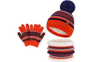 Kids Toddlers Winter Knit Warm Beanie Hat Scarf Gloves Set for Boys Girls Age 2-7, Pompom Cap Neck Warmer Gloves Fleece Lined