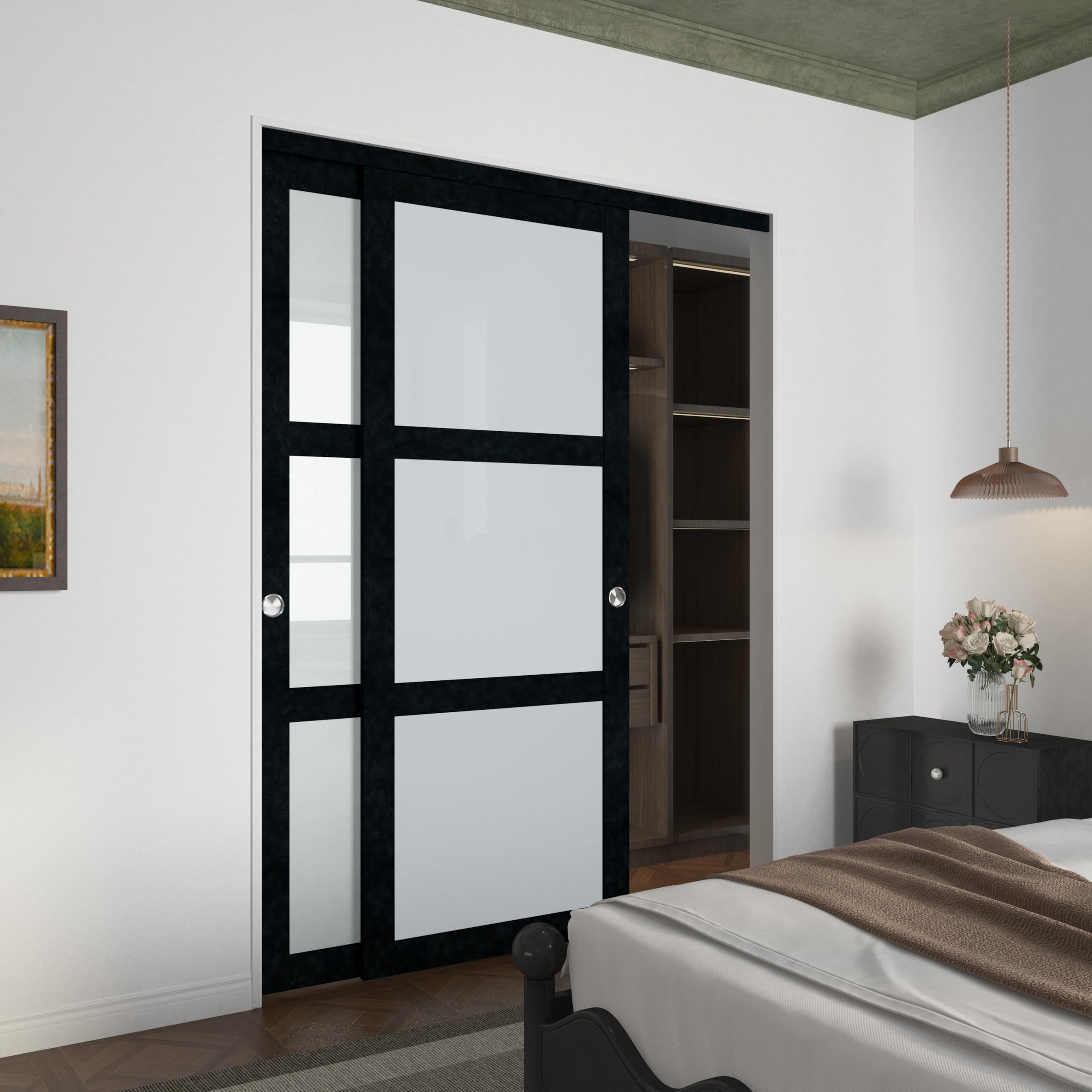 Photo 1 of BARNSMITH 60x80" Sliding Closet Door, 3-Panels Preassembled Frosted Glass Door Panel with Hardware Kits & Matching Fascia, MDF Covered with Water-Proof & Anti-Scratch PVC Surface, Black