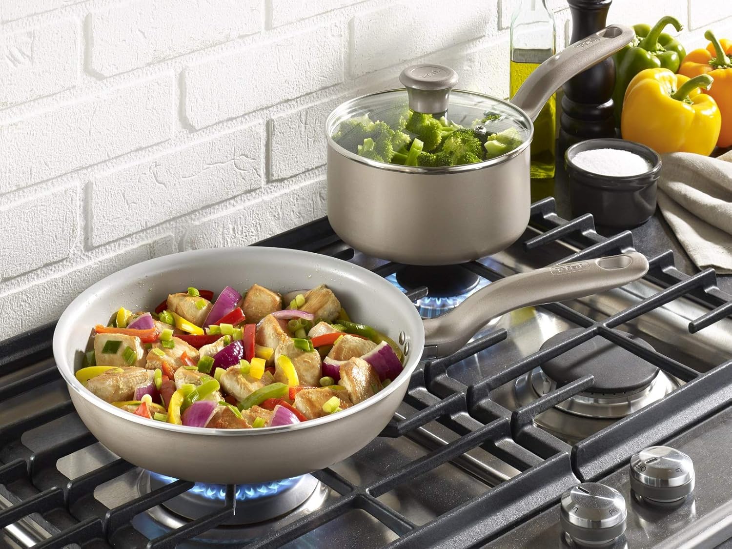 T-fal G919SE64 Initiatives Ceramic Nonstick Dishwasher Safe Toxic Free 14-Piece Cookware Set, Gold: Kitchen & Dining