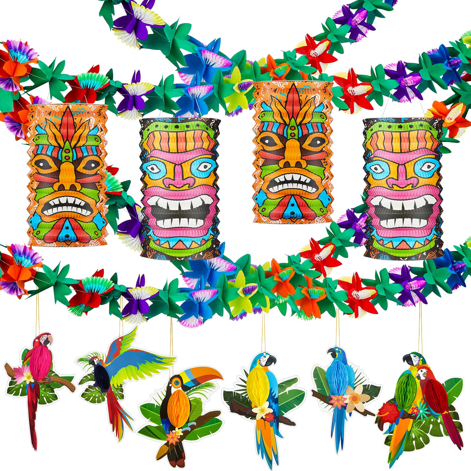 Photo 1 of  Piece Luau Party Decor Set 9.8 ft Hawaiian Tropical Hibiscus Garland Party Decoration Hawaii Paper Tiki Lanterns Tropical Birds Honeycomb Cutouts for Summer Birthday Hawaiian Themed Parties