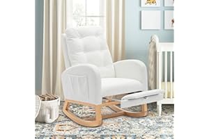 cinkehome Nursery Rocking Chair with Retractable Foot Rest, Glider Rocking Chair with Solid Wood Legs, High Back, Button Decors, Mid Century Rocker Chair