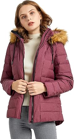 womens pink puffer jacket with fur hood