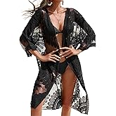 Moss Rose Womens Bathing Suit Cover Up 3/4 Sleeve Mesh Swimsuit Coverup Long Floral Beach Lace Kimono Cardigan