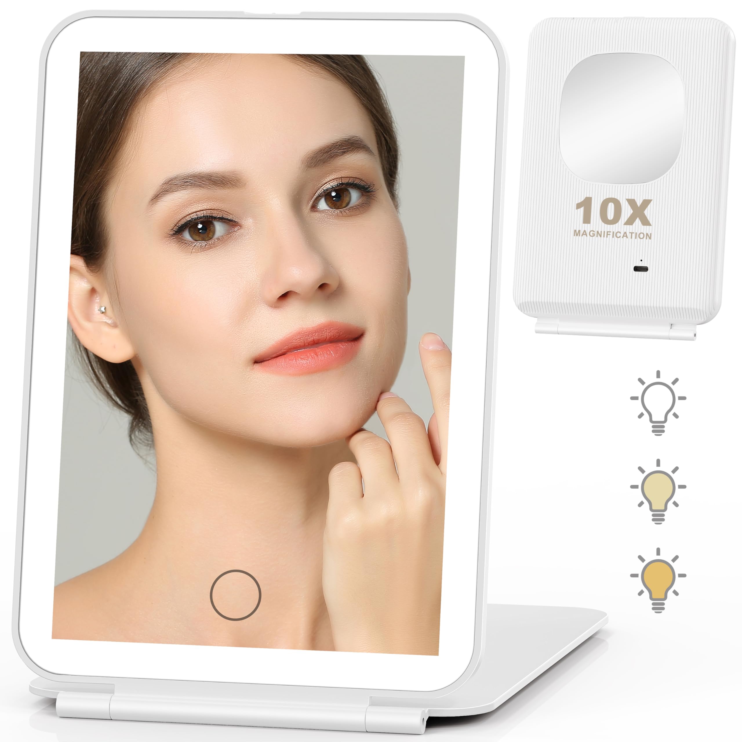 Auxmir Travel Mirror with Light, 1X /10X Rechargeable Portable Magnifying Mirror, Vanity Cosmetic Tabletop with 3 Color Lighting, Dimmable with Touch Screen for Home and Travel