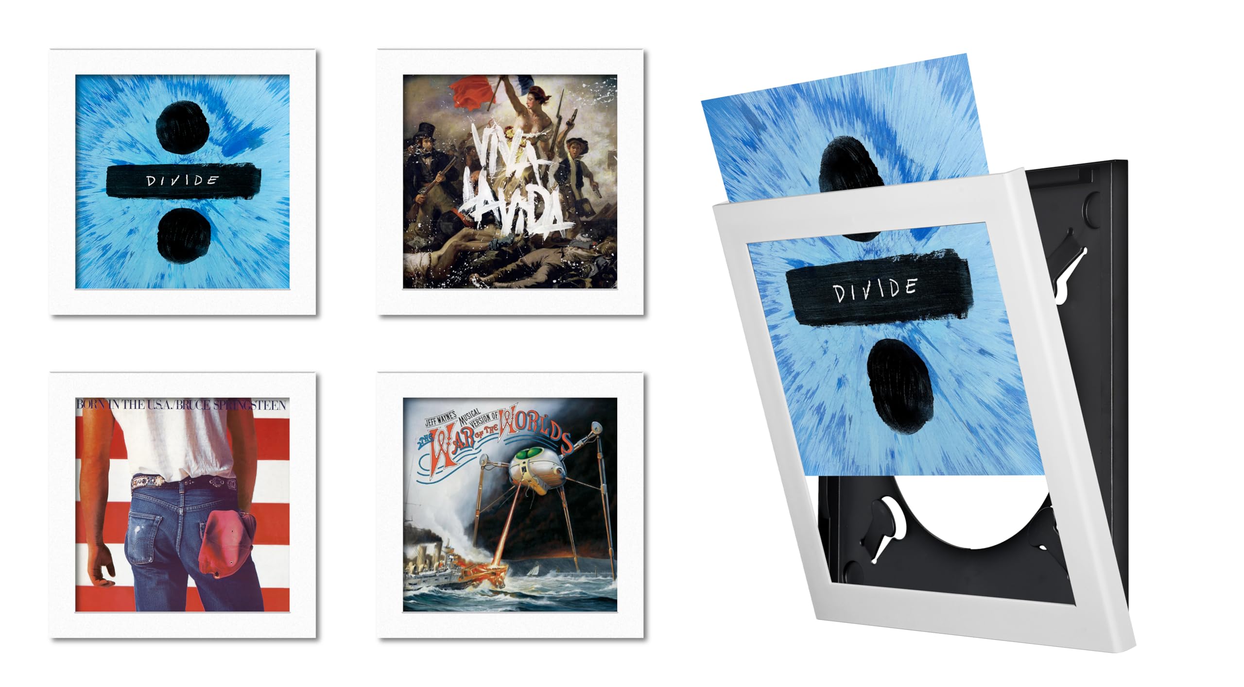 Show & Listen – Vinyl Record Display | 12″ LP Album Cover Display (Set of 4) White| Wall‑Mounted Flip Access