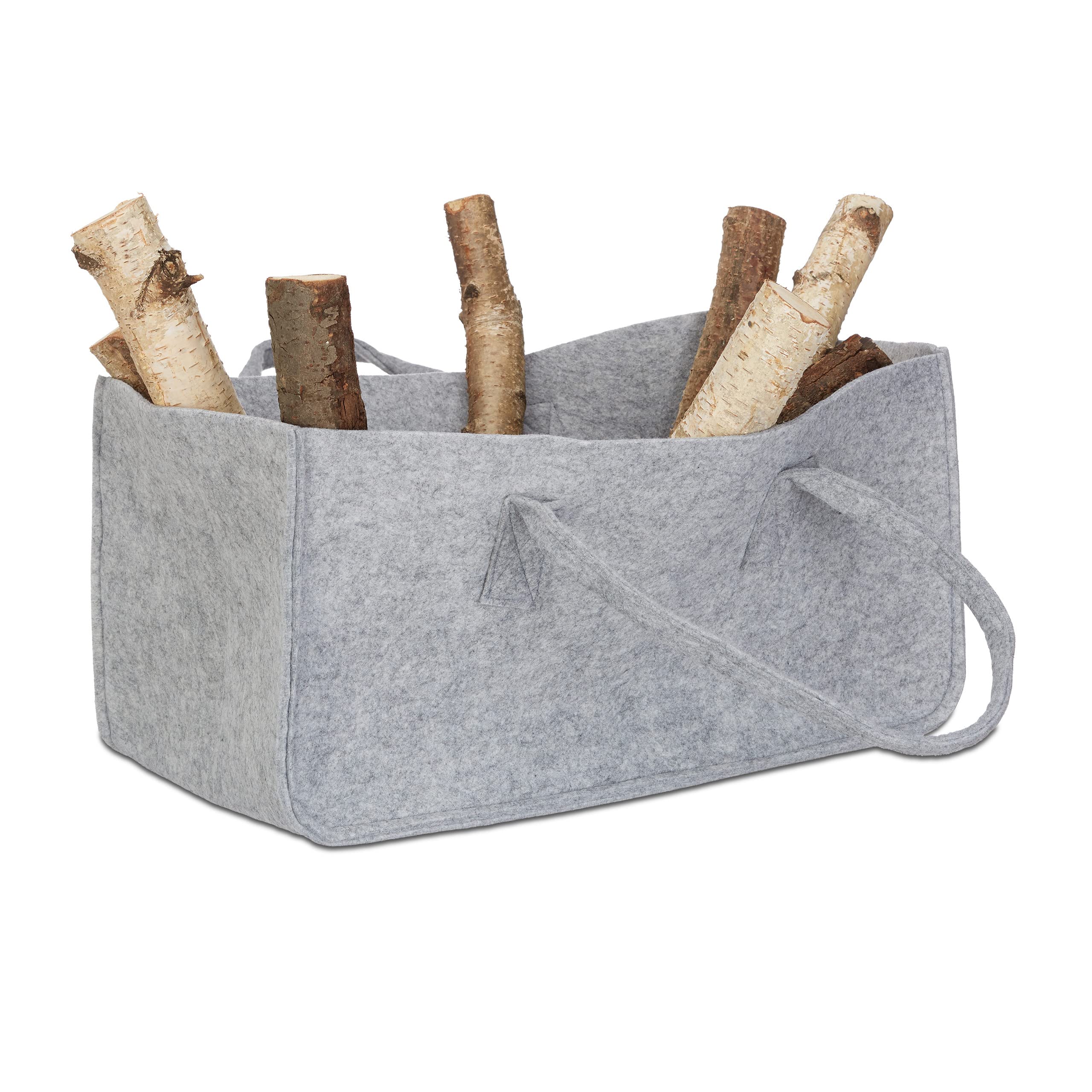 Relaxdays Felt Firewood Basket, Portable Magazine Holder, Wood Bin H x W x D: 25 x 25 x 50 cm, Grey