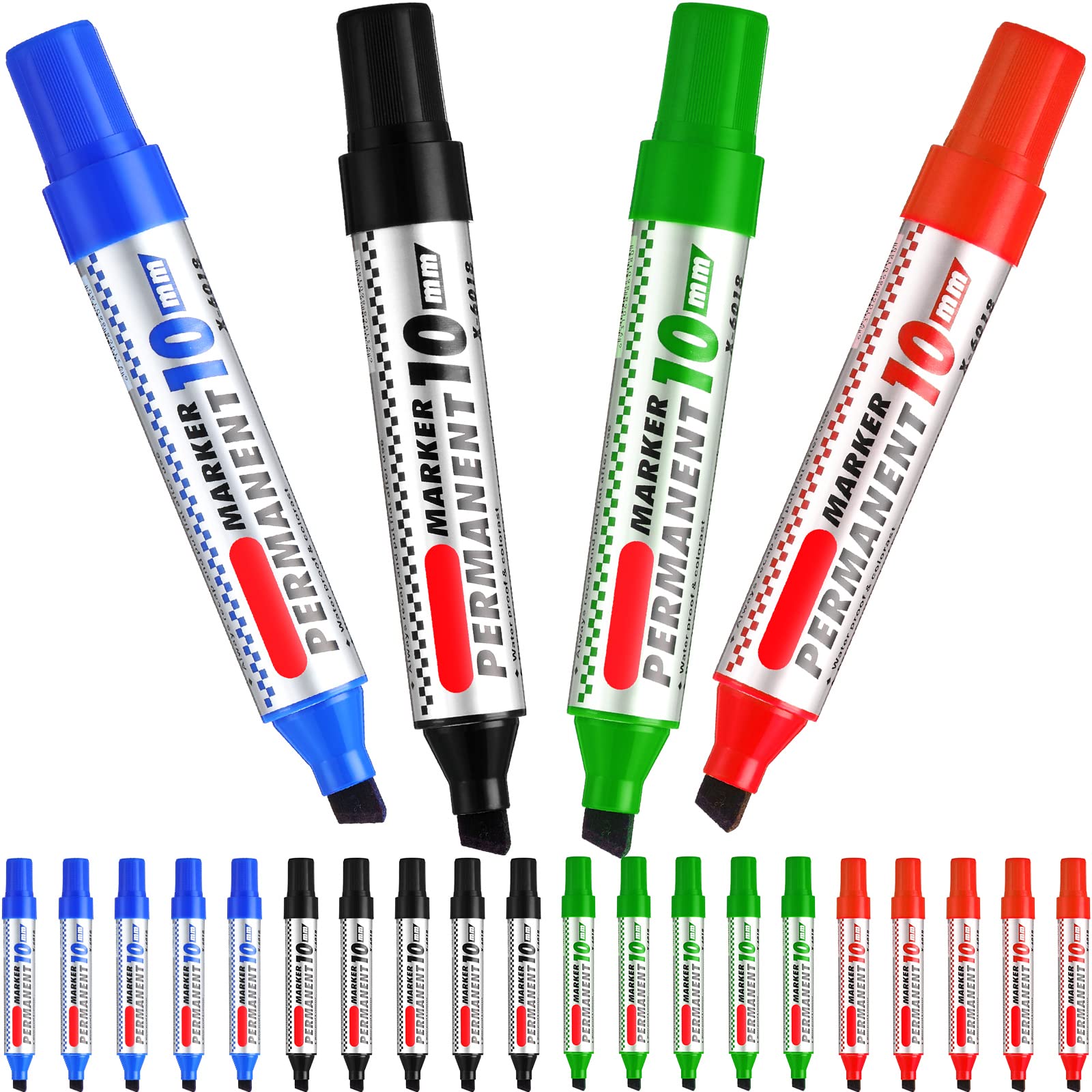 Photo 1 of Thenshop 24 Pack Jumbo Size Permanent Markers Bulk Permanent Marker Set Chisel Tip Pens Waterproof for Industrial Use Work on Wood Metal Plastic Stone Glass(Black, Blue, Red and Green)