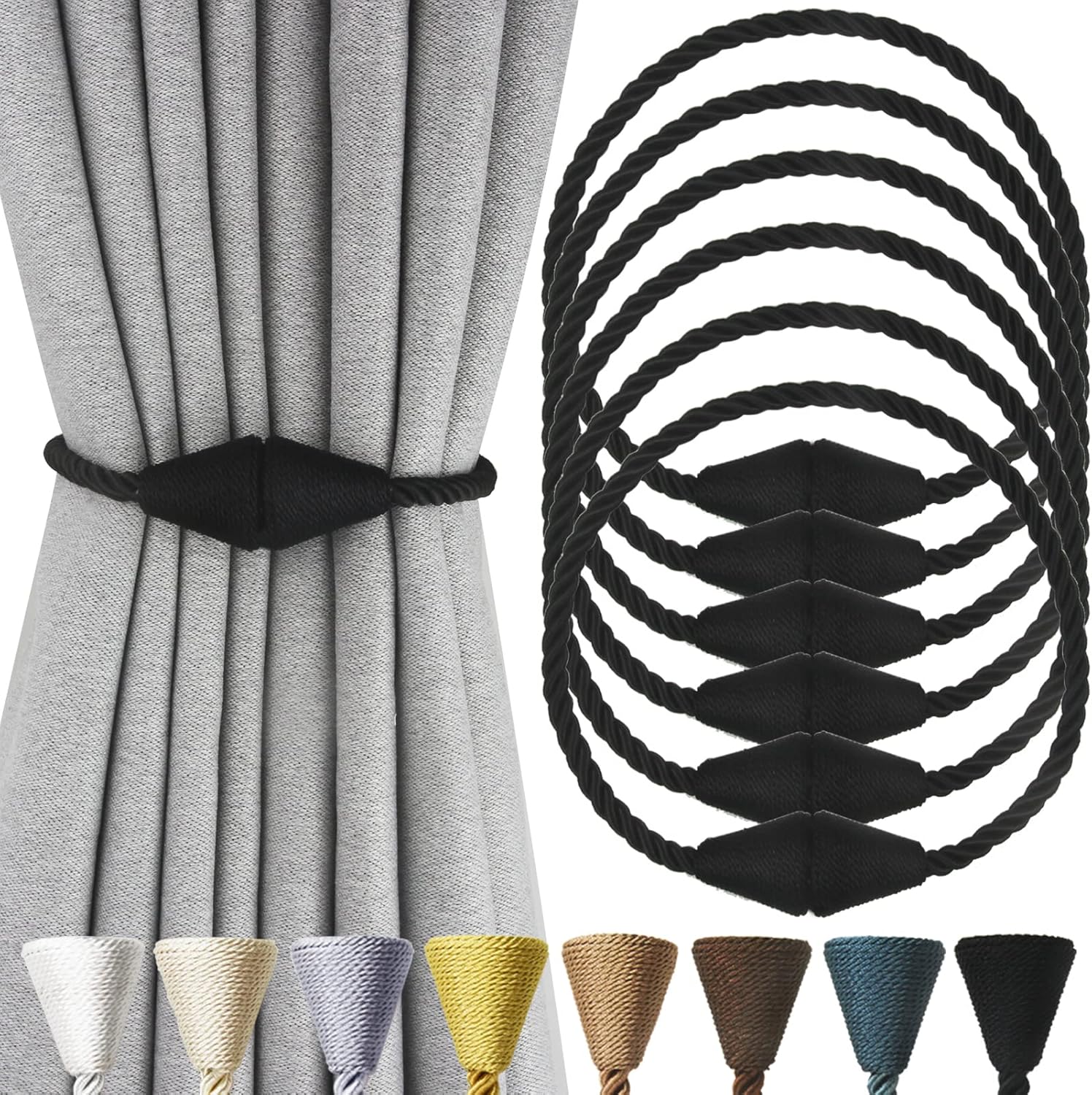 Window Treatment Hardware - Nieffeiy 6 Pack Magnetic Curtain Tiebacks Rope Modern Handmade Curtain Tie Backs Decorative Drapes Weave Holdbacks for Window Décor, Black