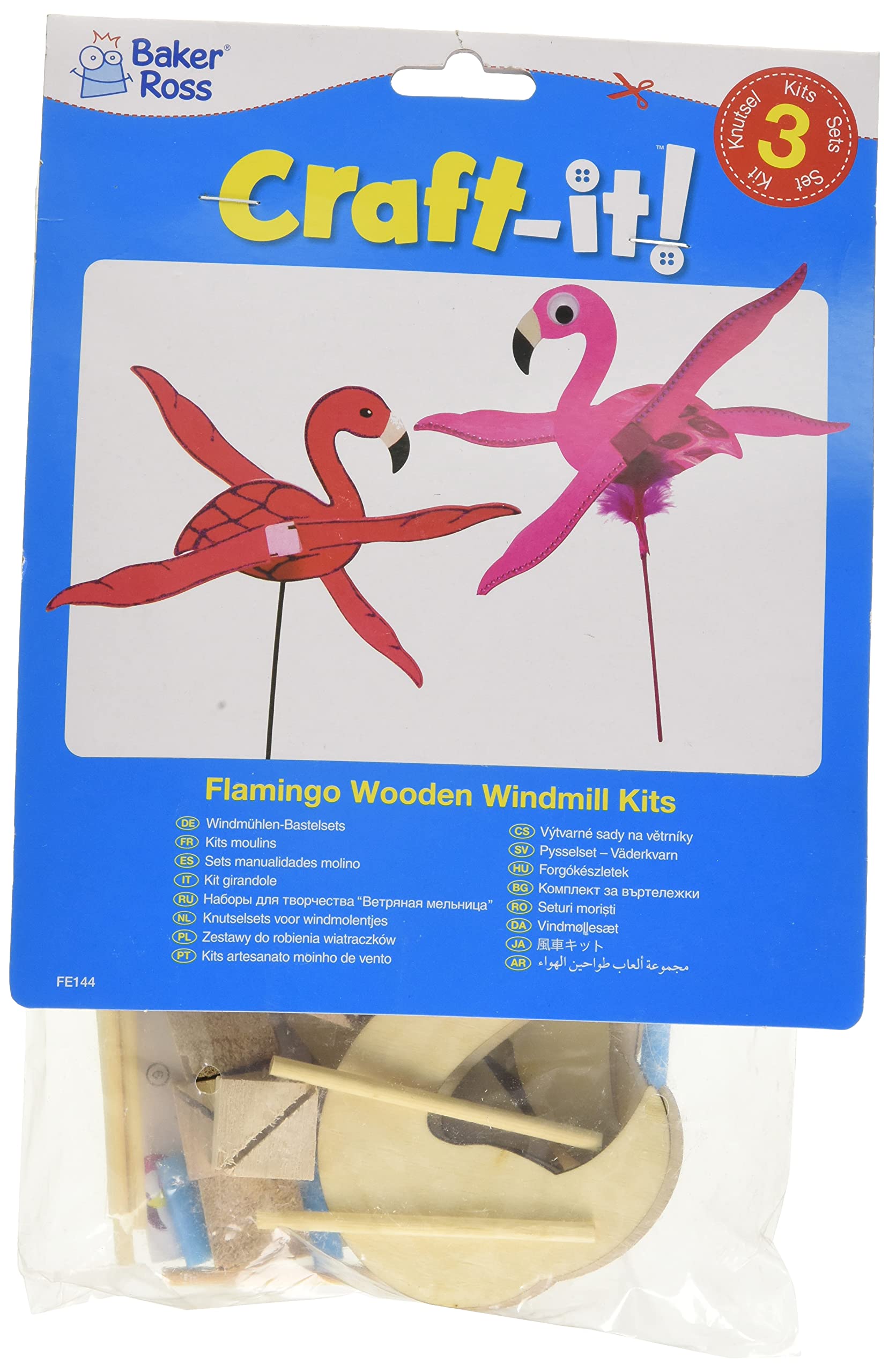 Baker Ross FE144 Flamingo Wooden Windmill Kits - Pack of 3, For Kids Arts and Crafts Projects, Wooden Crafts for Children to Decorate, Personalise and Display