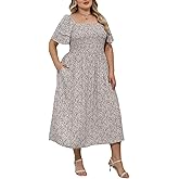 Nemidor Plus Size Summer Print Midi Boho Dress for Curvy Women Casual Smocked Floral Long Beach Dresses with Pocket 16-26
