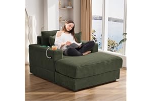 ONEMMLION Oversized Chaise Longue Chair Indoor with USB Charging Ports⋓ Holder, 42" W Corduroy Upholstered Deep Seat Sofa Couch with Ottoman, Comfy Reclining Reading Chair for Living Room, Green