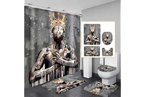 OMEBERO Black King Shower Curtain Set with Hooks, Powerful African American Praying Man Shower Curtains with Rugs Toilet Lid Cover Bath Mat, Cool Black Man Waterproof Bathroom Decor Shower Curtain Sets
