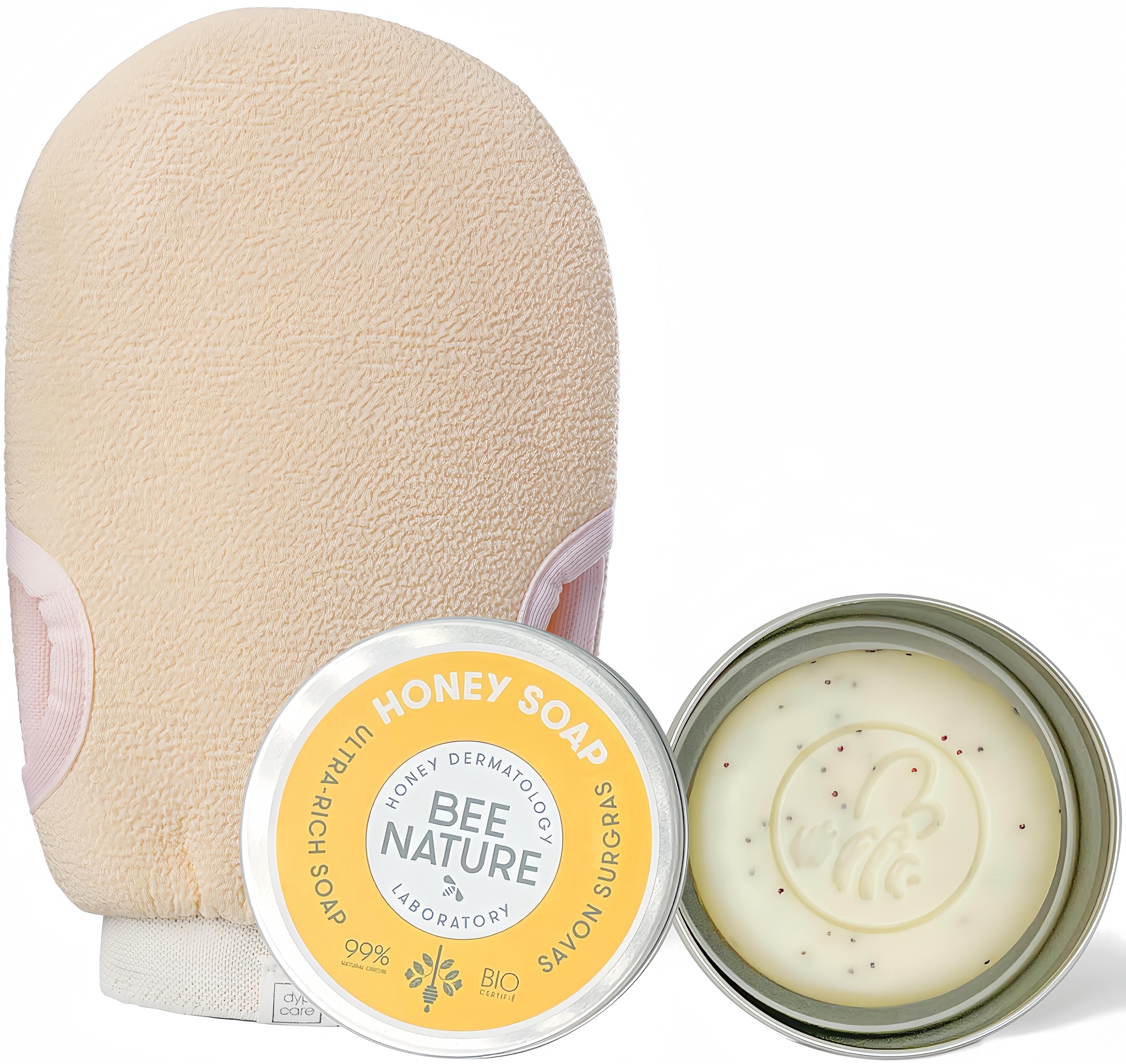 Bee Nature - Exfoliating Kit - Honey Soap with Soap Case + Exfoliating Glove - Face and Body Scrub - Suitable for Dry and Sensitive Skin - 100g