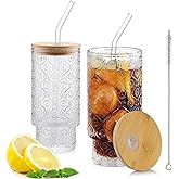 Salpae 16oz Glass Cups with Lids and Straws, 2 Pack Vintage Drinking Glasses Tumblers Begonia Flower Iced Coffee Cups for Kitchen, Home, Office, Gifts