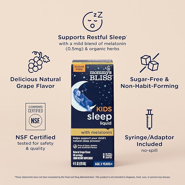 MOMMY’S BLISS KIDS SLEEP LIQUID WITH MELATONIN & CALMING HERBS | MELATONIN FOR CHILDREN 3 YEARS & UP | GRAPE FLAVOR | SUGAR FREE | 4 FL OZ (60 SERVINGS)