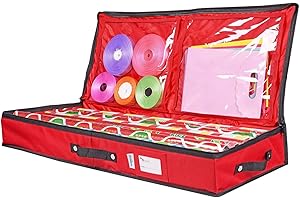 Primode Wrapping Paper Storage Container | Under Bed Gift Wrap Organizer for 30 Inch Rolls | 31”x13.5”x4.5” | 600D Oxford Material | Box Holder with Pockets for Ribbon, Bows, and Accessories (Red)