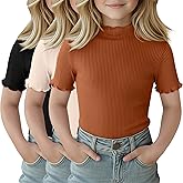 LessonZoo 3 Pack Girls Mock Turtleneck Cotton Ribbed Shirts Short Sleeve Slim Lettuce Trim Tops Kids Casual Cute Basic Tees