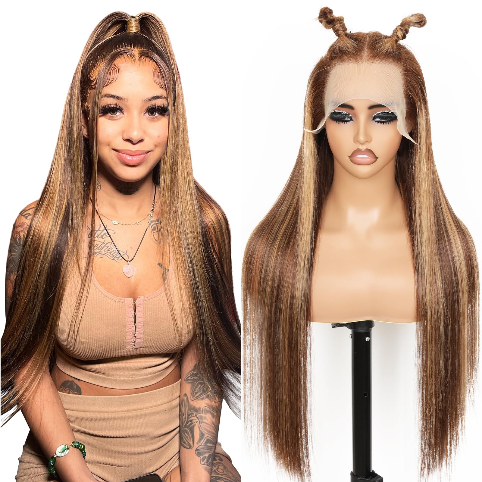 Highlight Honey Blonde Straight Human Hair Wig 13x4 HD Transparent Lace Front Wigs Human Hair,4/27 Ombre 210 Density Real Hair Wigs for Women Pre Plucked Natural Hairline 26Inch with Baby Hair