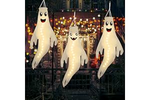GEEFUUN 3PCS 43 Inch Halloween Lighted Hanging Ghost Windsocks Hanging Decorations for Tree, Fall LED Flag Wind Socks for Home Yard Outdoor Autumn Decor Party Supplies (Batteries Not Included,No Timer)