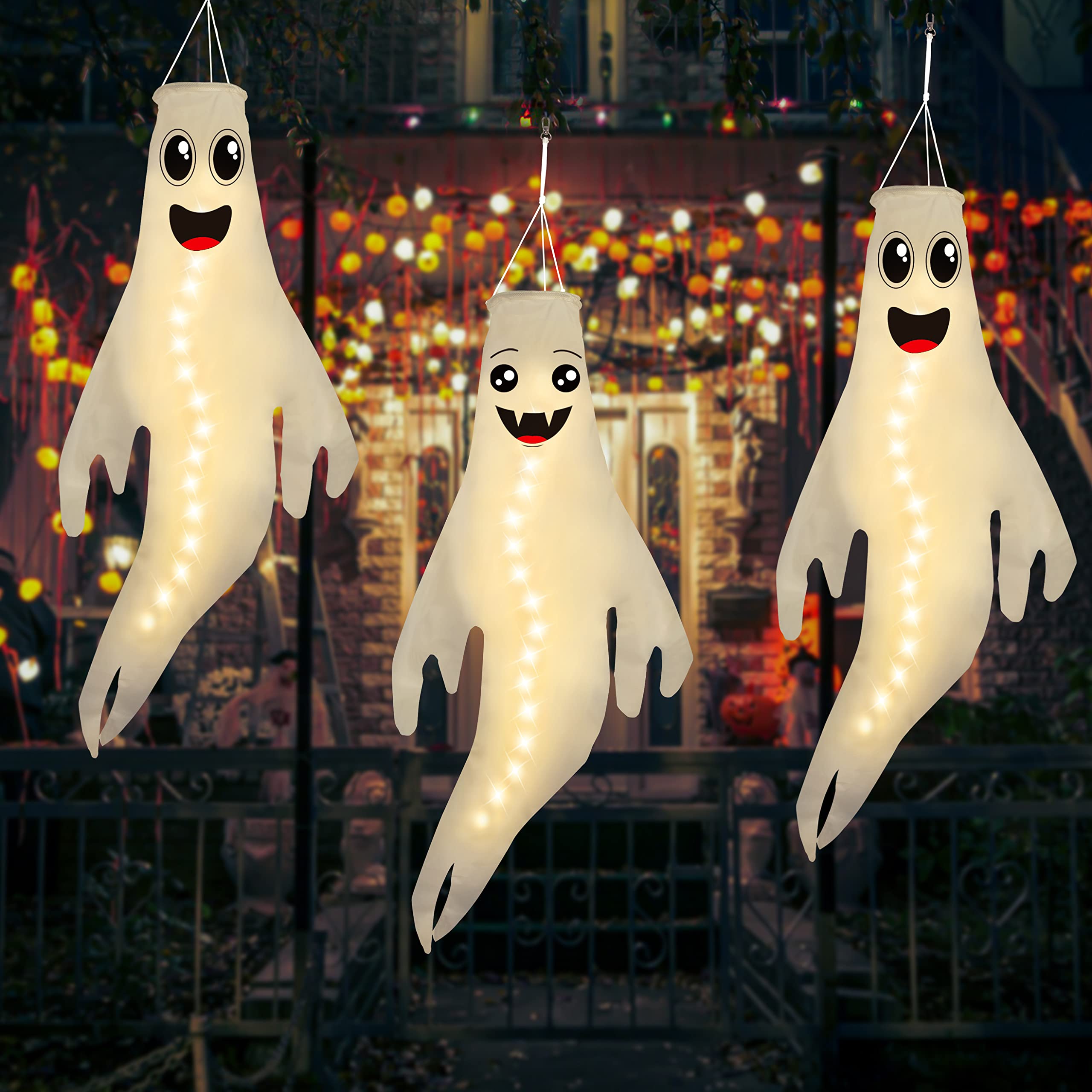 Photo 1 of 3PCS 43 Inch Halloween Lighted Hanging Ghost Windsocks Hanging Decorations for Tree, Fall LED Flag Wind Socks for Home Yard Outdoor Autumn Decor Party Supplies (Batteries Not Included,No Timer)