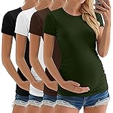 Neer 4 Pack Women's Maternity Shirts Ribbed Short Sleeve Maternity Tops Crew Neck Cotton Tee Side Ruched Pregnancy Clothes