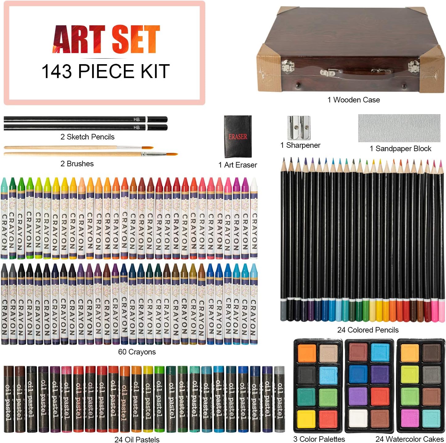 143 Piece Deluxe Art Set, Artist Drawing&Painting Set, Art Supplies with Wooden Case, Professional Art Kit for Kids, Teens and Adults