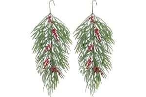 SHACOS 2PCS Christmas Decorations with Red Berries, 30Inch Artificial Greenery Pine Teardrop Swag for Front Door Xmas Holiday Farmhouse Fireplace Staircase Window Hanging Decor