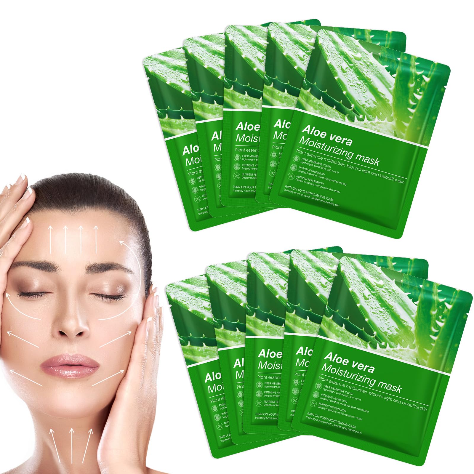FunnAura 10 Pcs Aloe Vera Face Masks Skincare Sheet, Moisturizing Hydrating Face Mask for All Skin Types