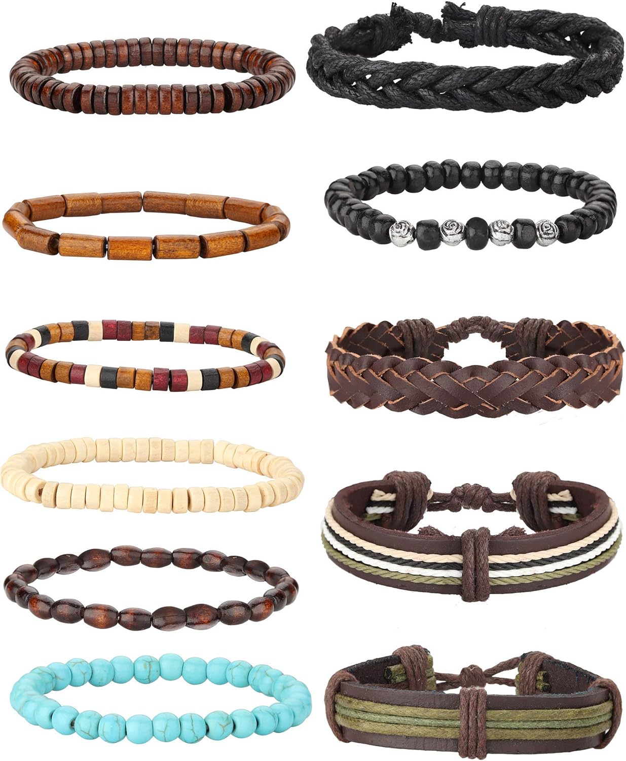 MILACOLATO 26Pcs Woven Braided Leather Bracelet for Men Women Hemp Cords Wood Beads Cuff Bracelets Adjustable - Image 4