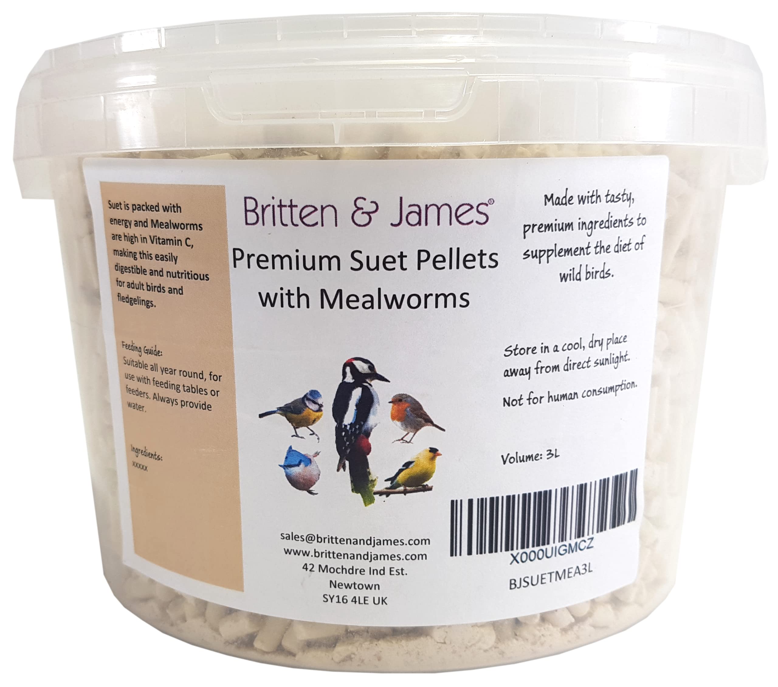 Britten & James Premium Suet Pellets with Mealworms for Wild Birds in a Stay Fresh 3L Tub (1.9Kg)