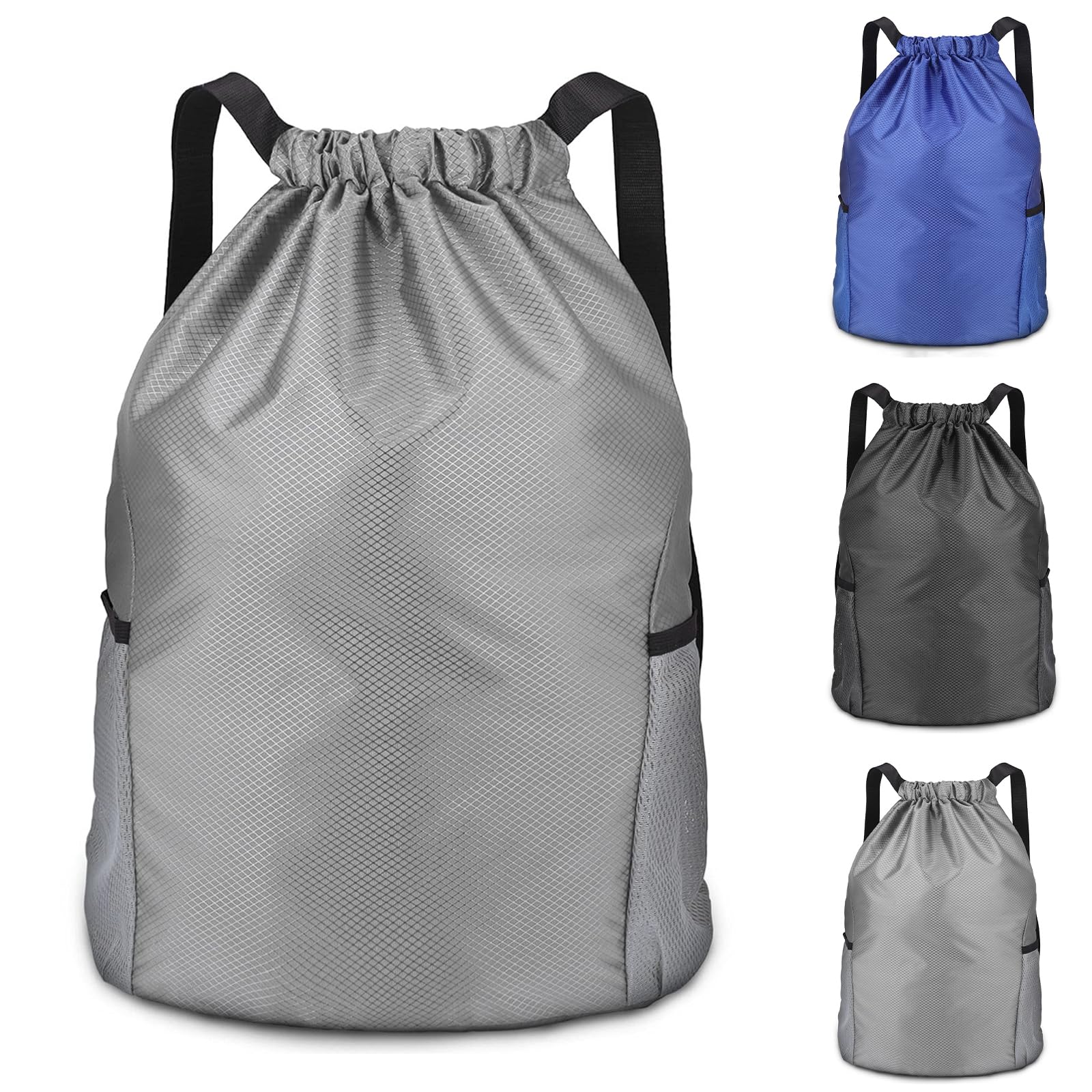 huipinghu Large Capacity Drawstring Backpack | Gym Sack with Outside Zipper & 2 Side Pockets | Unisex Sport Bag for PE Class, Gym & Travel - Water-Resistant, Durable (Gray)