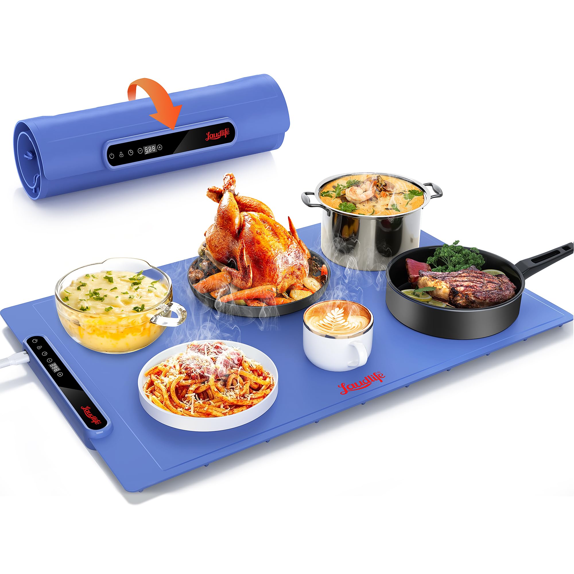 Laudlife Electric Warming Mat for Food, Roll-Up Silicone Heating Pad with 7 Adjustable Tempmaster Levels, Foldable Warming Tray for Countertop,Buffet Party, Kitchen & Home, Child Lock, Dark Bule Image Laudlife Electric Warming Mat for Food, Roll-Up Silicone Heating Pad with 7 Adjustable Tempmaster Levels, Foldable Warming Tray for Countertop,Buffet Party, Kitchen & Home, Child Lock, Dark Bule Image