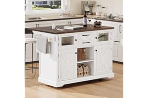 Amposei Drop Leaf Kitchen Island with Power Outlet 54.9’’ Rolling Storage Cart Cabinet on Wheels with Barn Doors, Drawers & Spice Rack (White)