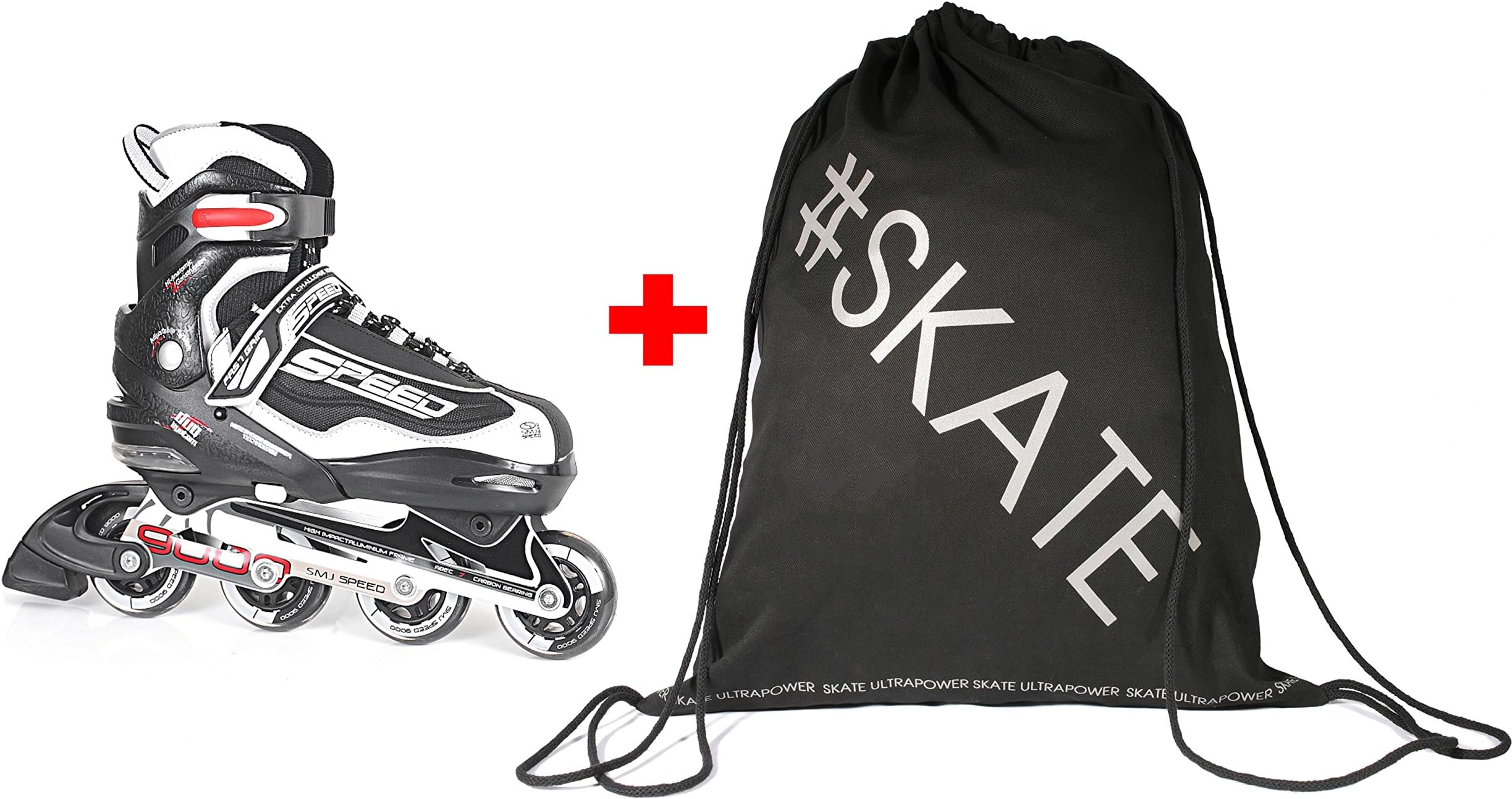 SET - SMJ® 090A Inline Skates + ULTRAPOWER® Drawstring Backpack | Size Adjustable | Kids | Women | Men | ABEC7 Carbon, SMJ Farbe:Black 090A, SMJ Größen:34-37