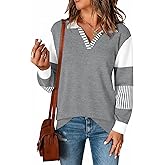 LOMON V Neck Long Sleeve Loose Sweaters Color Block Striped Knitted Pullover Jumper Tops