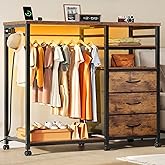 WLIVE Dresser with Hanging Rack for Bedroom, 3 Drawer Dresser with LED Lights & Charging Station, Fabric Dressers & Chest of Drawers, Storage Organizer with Open Shelves for Living Room, Brown
