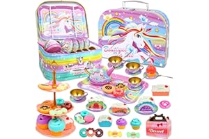 SMILESSKIDDO 46pcs Princess Tea Party Set for Little Girls - Kids Kitchen Pretend Play Toys - Toddler Tea Party Sets for Girls 3-5, Gift for 3 4 5 6 Girl(Unicron)