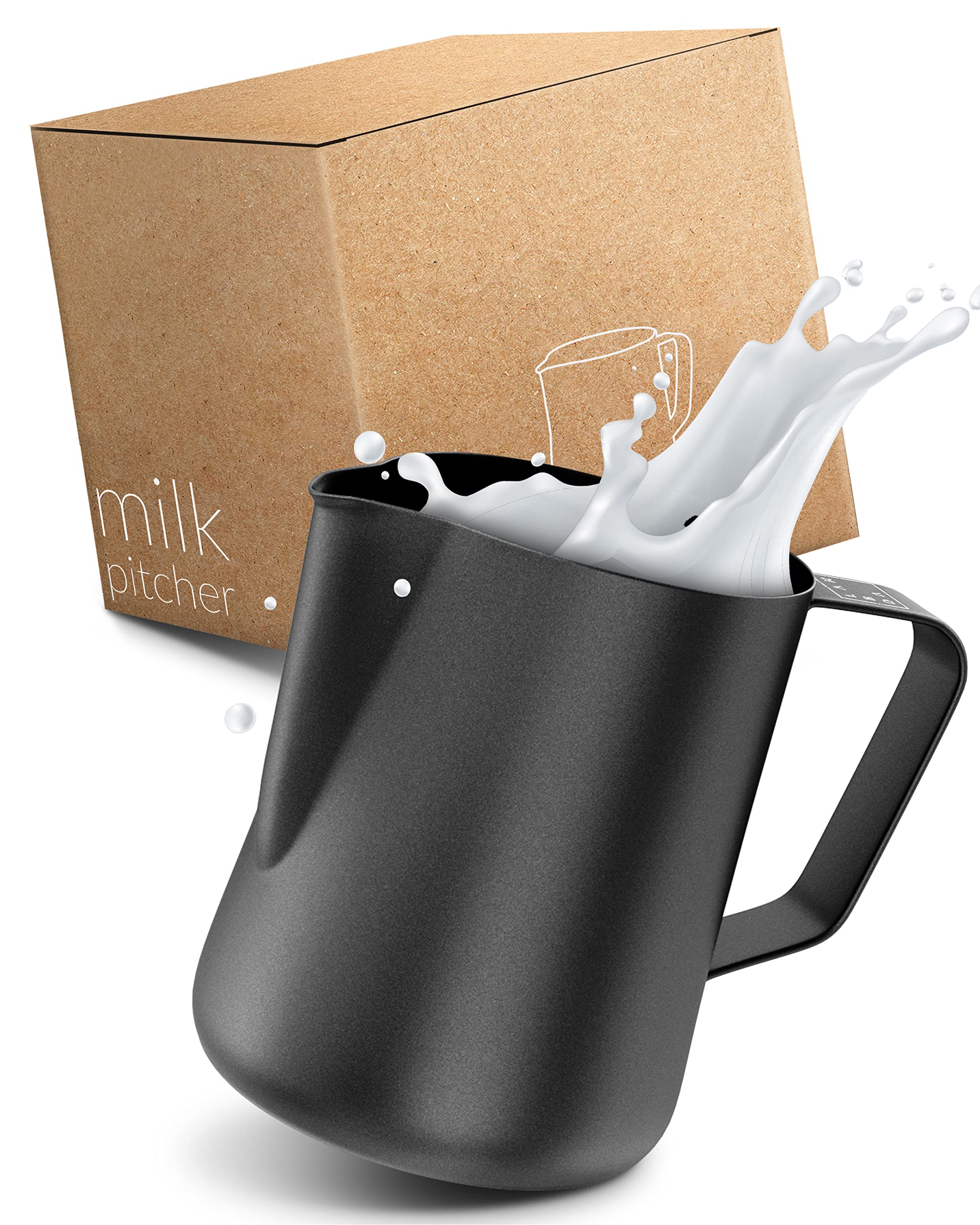 Lambda Coffee Milk Jug 600ml 20 fl.oz Stainless Steel I Black Teflon Coated Milk Frothing Jug for Barista Quality and Latte Art, Milk frother Jug and Milk jug for Coffee Machine