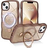 BENTOBEN Magnetic for iPhone 13 Case & iPhone 14 Case with Invisible Kickstand Ring [Compatible with Magsafe] Clear Glitter Curly Wave Bumper Non-Slip Shockproof Women Men Phone Cover, Desert Titanium