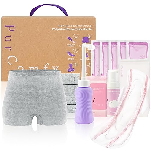 PurComfy 18 Pcs Postpartum Essentials Recovery Kit, Includes 5 Disposable Underwear, 24 Perineal Soothing Pad Liners, Perineal Soothing Foam, 5 Instant Ice Pads, Peri Bottle and 5 Postpartum Pads