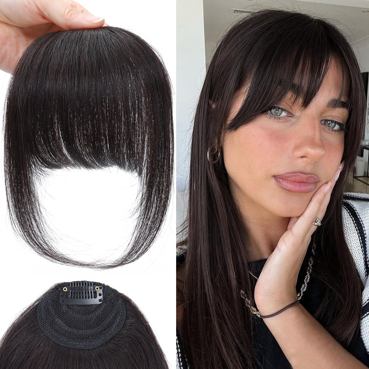 Real Human Hair Clip-in French Bangs for Women - Fake Fringe Hair Clip With Temple Bangs (Brown Black#)