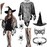 Mepase 6 Pcs Black Spiderweb Costume Accessories for Women Include Spider Web Poncho, Net Tights, Necklace Earrings and Witch Hat Mask for Halloween Cosplay Party